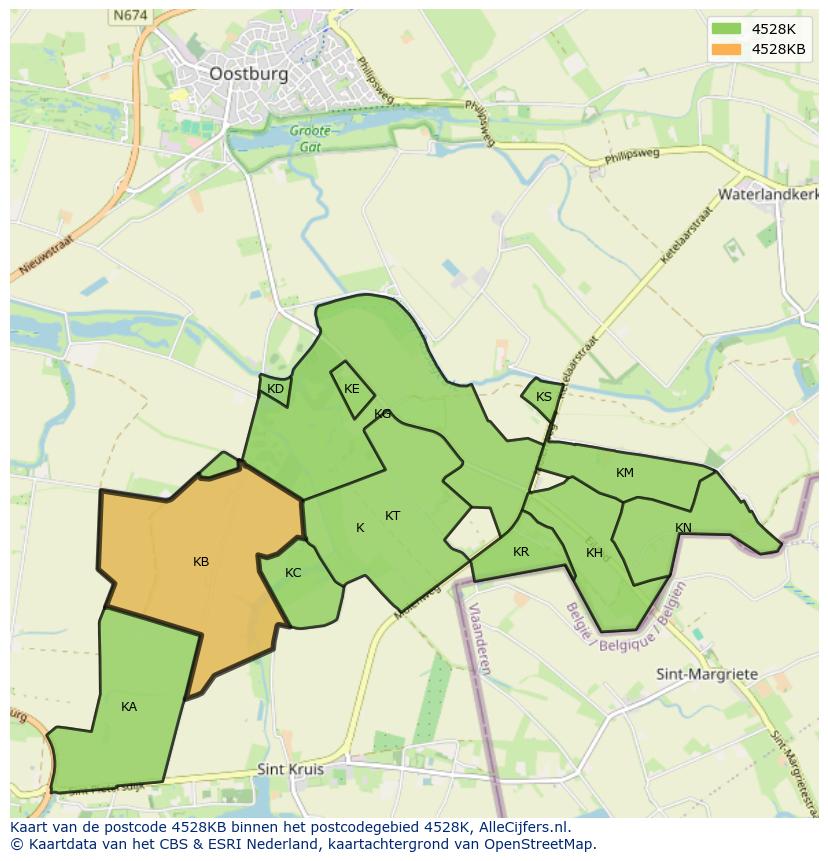 Afbeelding van het postcodegebied 4528 KB op de kaart.