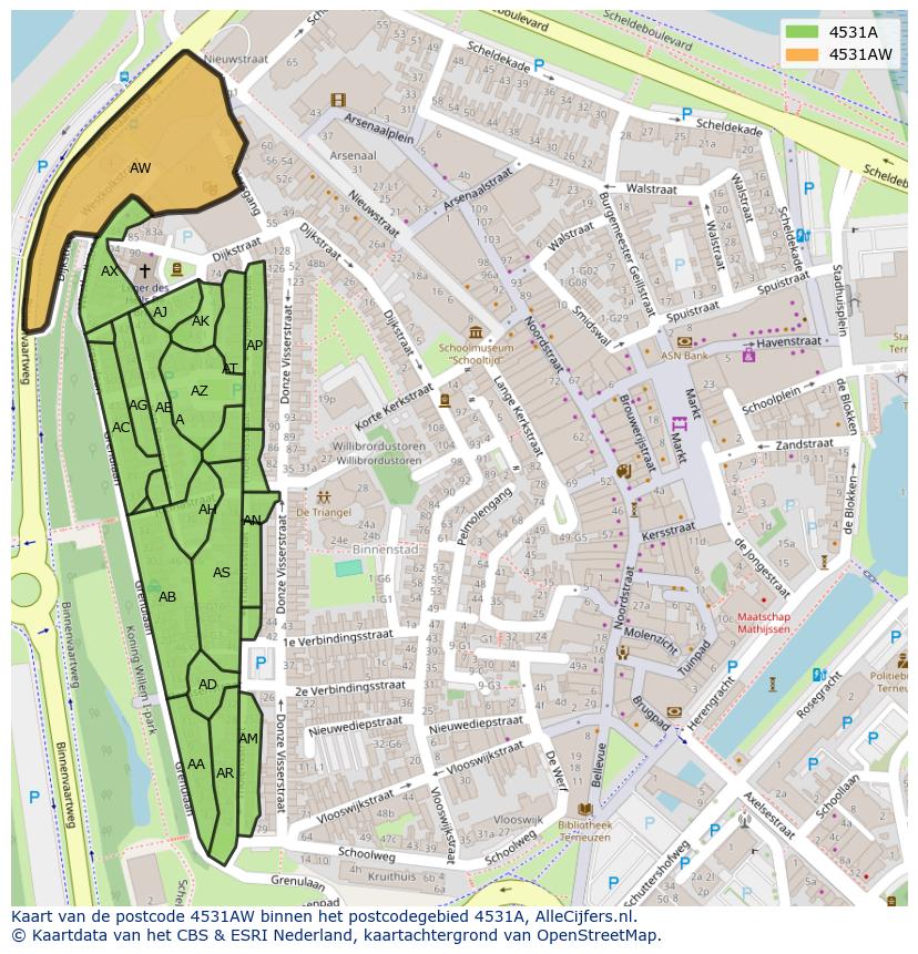 Afbeelding van het postcodegebied 4531 AW op de kaart.