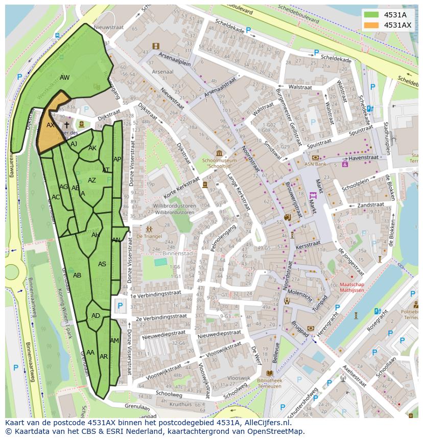 Afbeelding van het postcodegebied 4531 AX op de kaart.