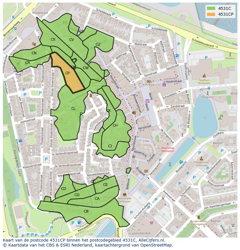 Afbeelding van het postcodegebied 4531 CP op de kaart.