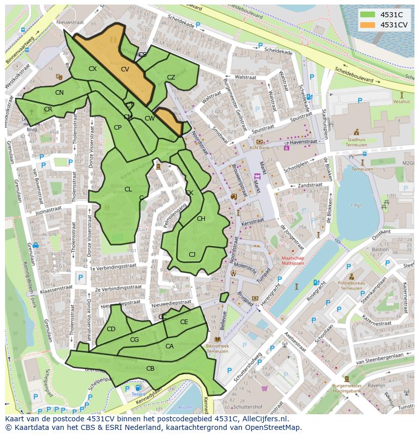Afbeelding van het postcodegebied 4531 CV op de kaart.