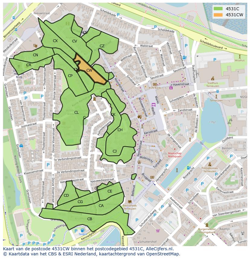 Afbeelding van het postcodegebied 4531 CW op de kaart.