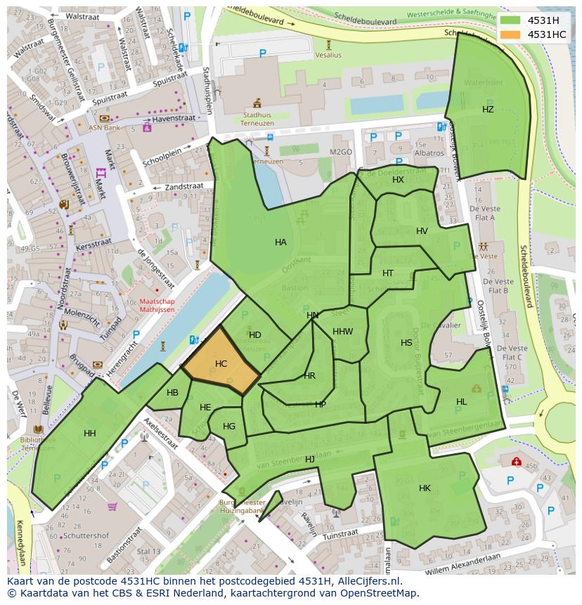Afbeelding van het postcodegebied 4531 HC op de kaart.