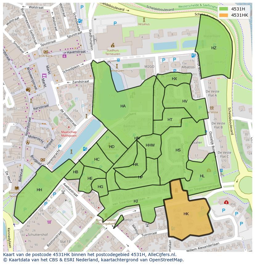 Afbeelding van het postcodegebied 4531 HK op de kaart.