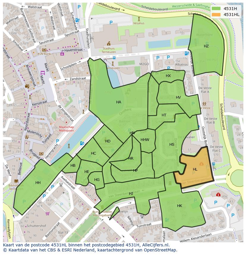 Afbeelding van het postcodegebied 4531 HL op de kaart.