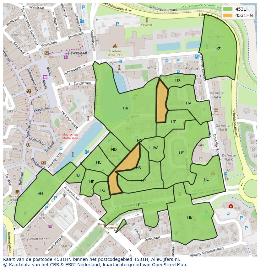 Afbeelding van het postcodegebied 4531 HN op de kaart.