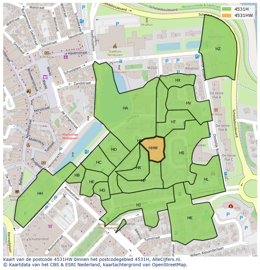 Afbeelding van het postcodegebied 4531 HW op de kaart.