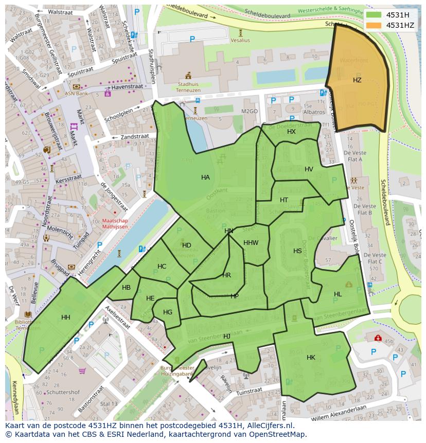 Afbeelding van het postcodegebied 4531 HZ op de kaart.