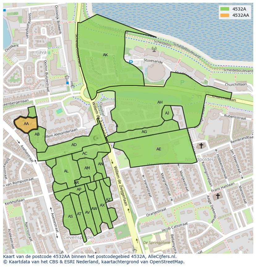 Afbeelding van het postcodegebied 4532 AA op de kaart.