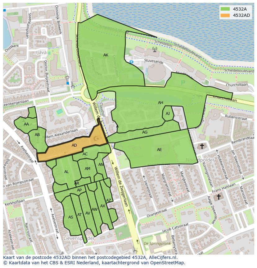 Afbeelding van het postcodegebied 4532 AD op de kaart.