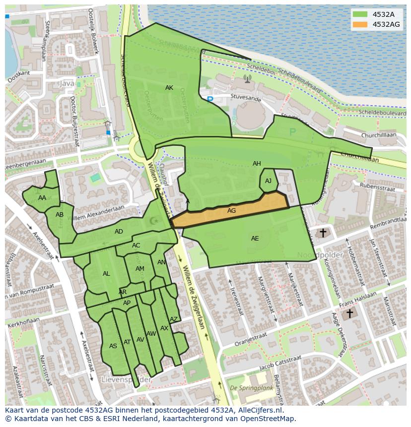 Afbeelding van het postcodegebied 4532 AG op de kaart.