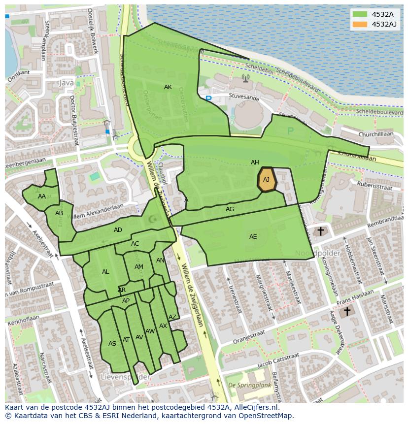 Afbeelding van het postcodegebied 4532 AJ op de kaart.