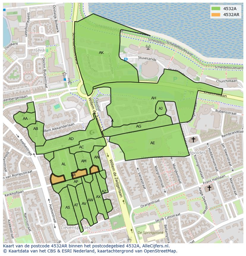 Afbeelding van het postcodegebied 4532 AR op de kaart.