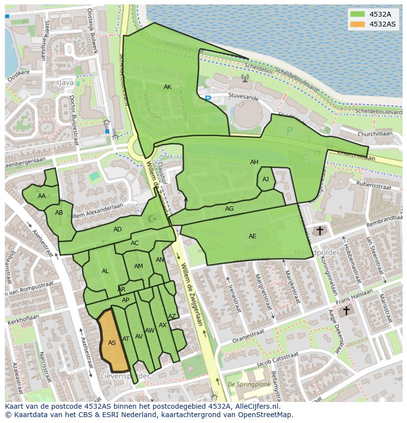 Afbeelding van het postcodegebied 4532 AS op de kaart.