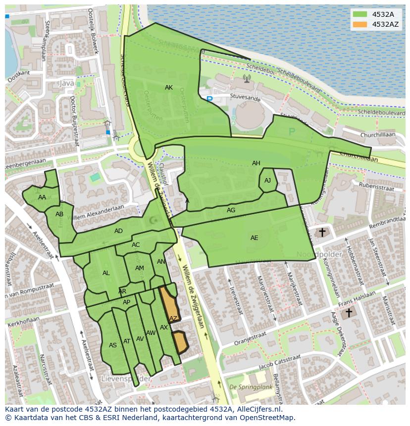 Afbeelding van het postcodegebied 4532 AZ op de kaart.