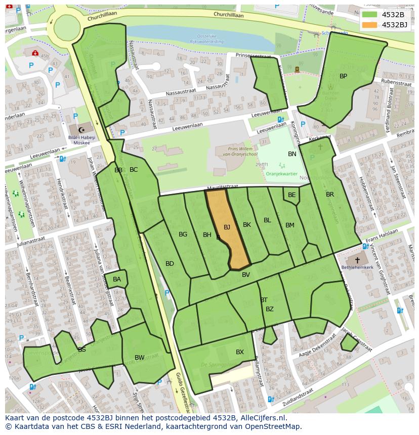 Afbeelding van het postcodegebied 4532 BJ op de kaart.