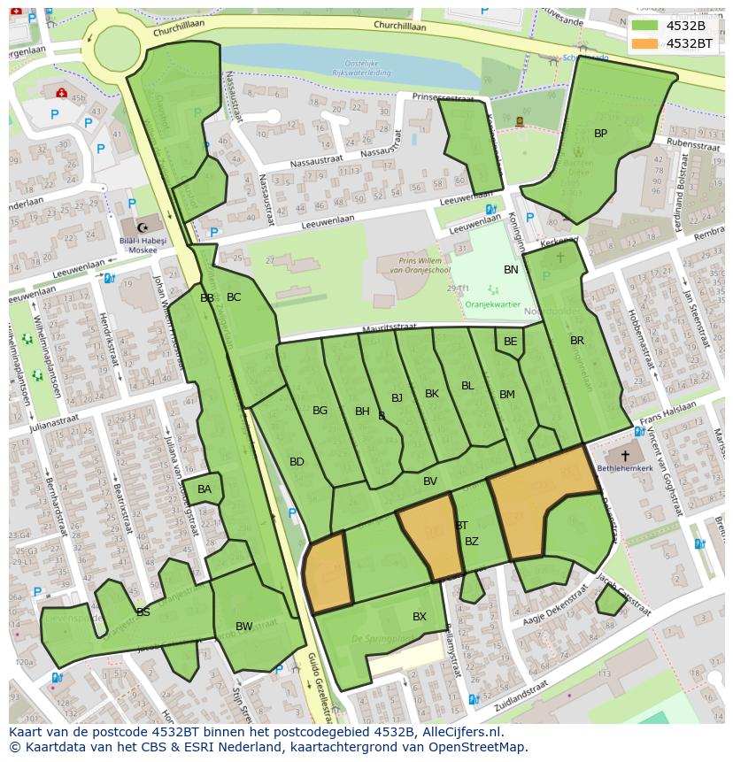 Afbeelding van het postcodegebied 4532 BT op de kaart.