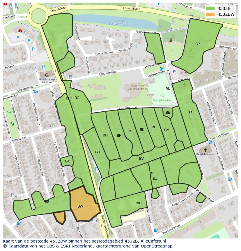 Afbeelding van het postcodegebied 4532 BW op de kaart.