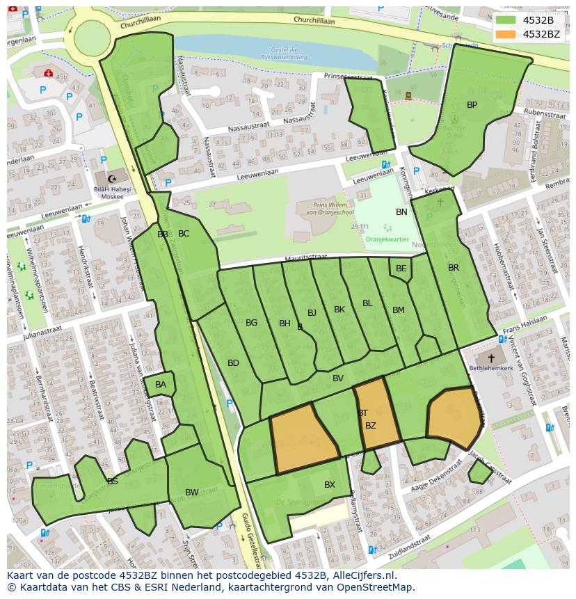 Afbeelding van het postcodegebied 4532 BZ op de kaart.