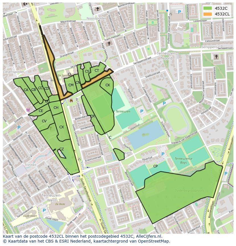 Afbeelding van het postcodegebied 4532 CL op de kaart.