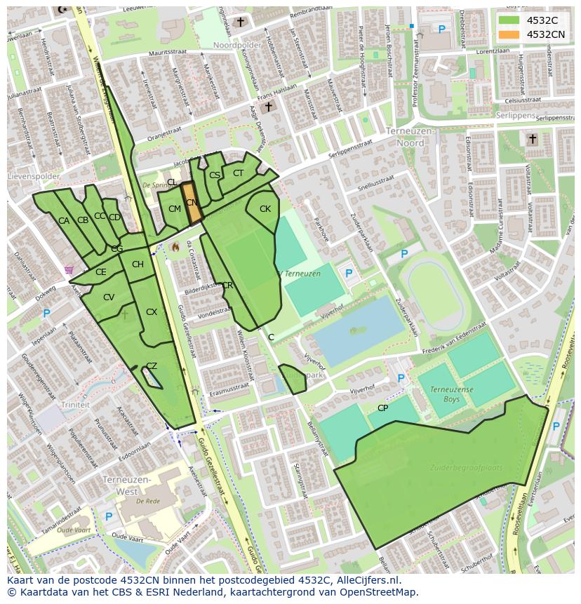 Afbeelding van het postcodegebied 4532 CN op de kaart.