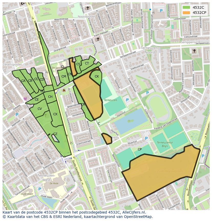 Afbeelding van het postcodegebied 4532 CP op de kaart.