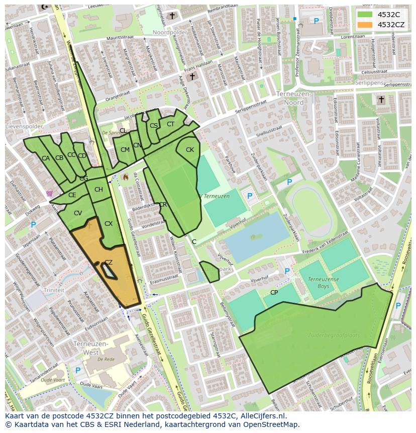 Afbeelding van het postcodegebied 4532 CZ op de kaart.