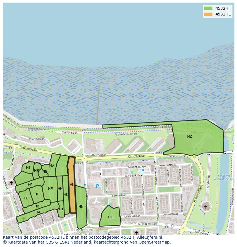 Afbeelding van het postcodegebied 4532 HL op de kaart.