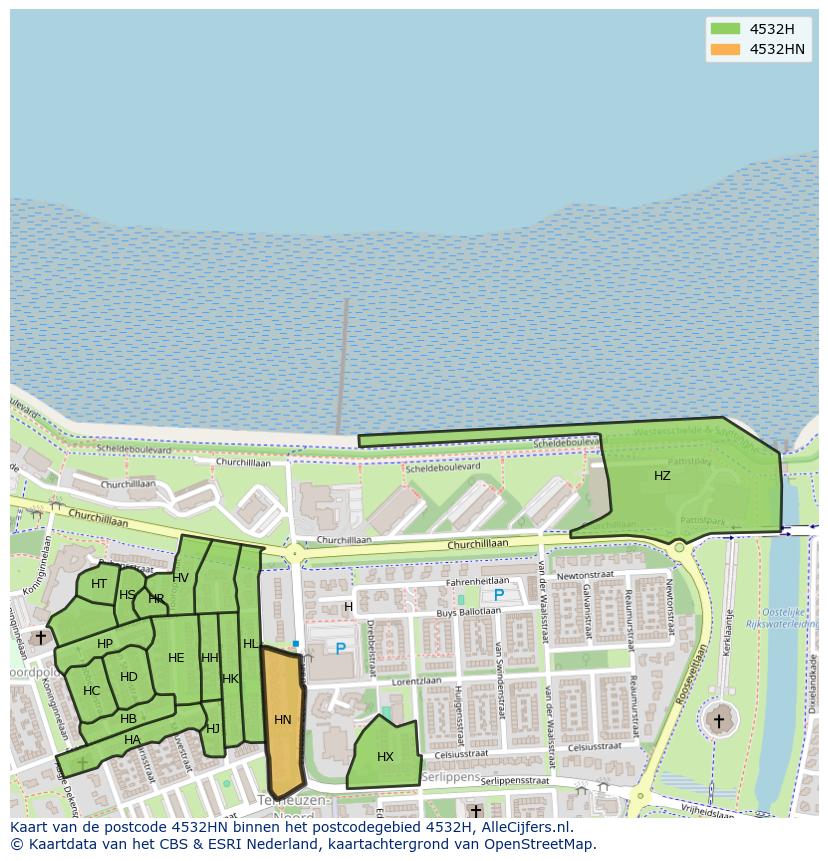 Afbeelding van het postcodegebied 4532 HN op de kaart.