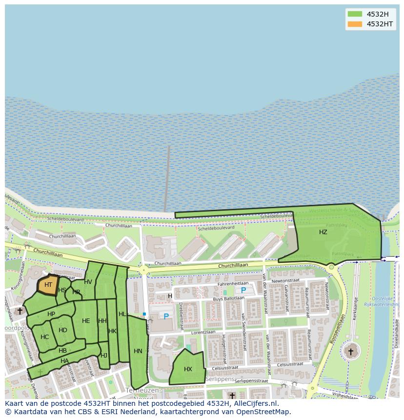 Afbeelding van het postcodegebied 4532 HT op de kaart.