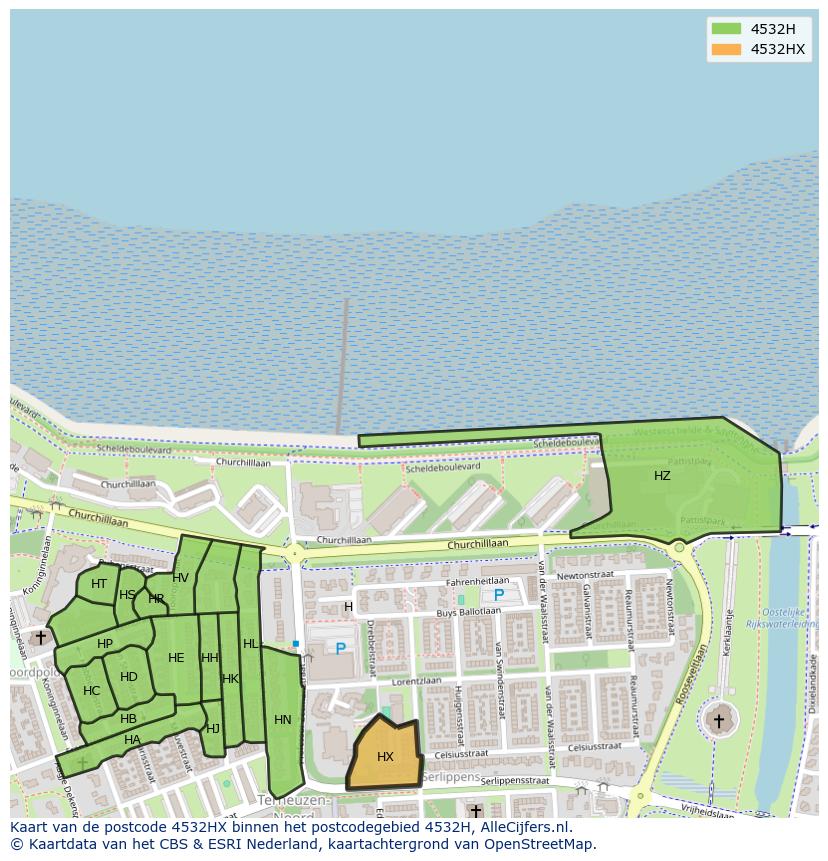 Afbeelding van het postcodegebied 4532 HX op de kaart.