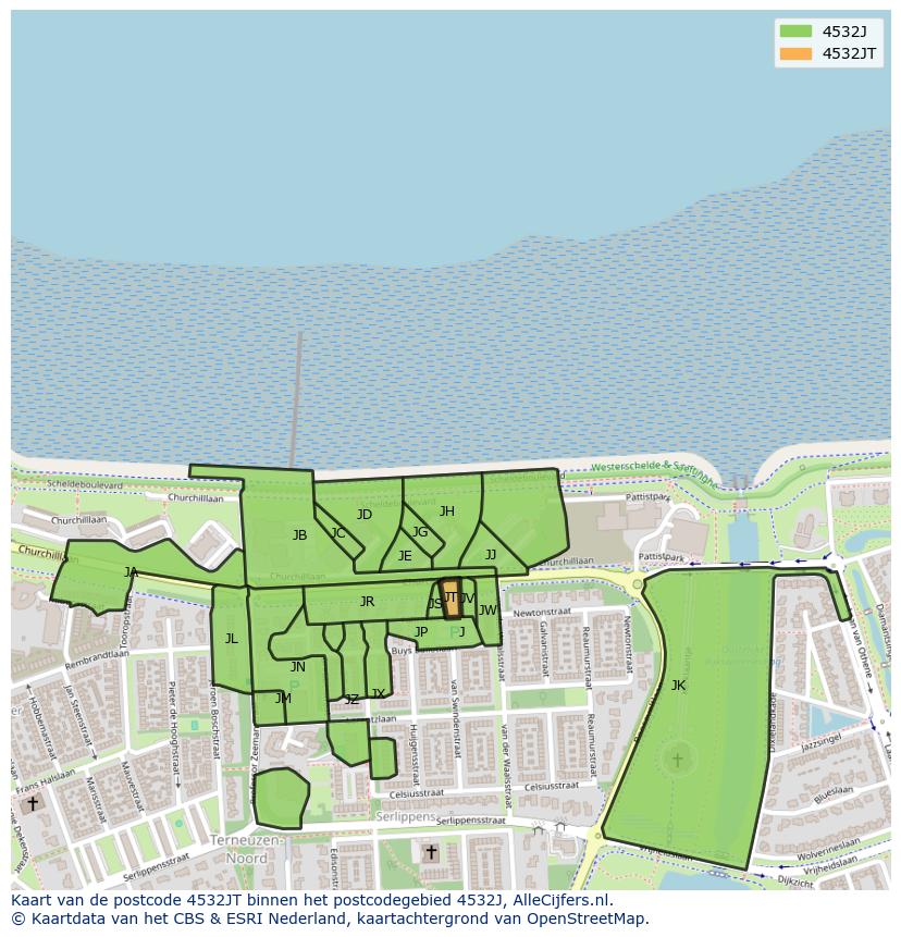 Afbeelding van het postcodegebied 4532 JT op de kaart.