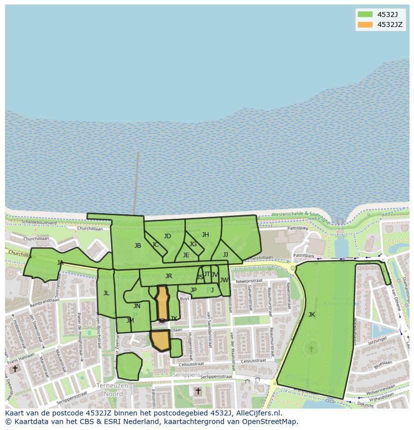 Afbeelding van het postcodegebied 4532 JZ op de kaart.