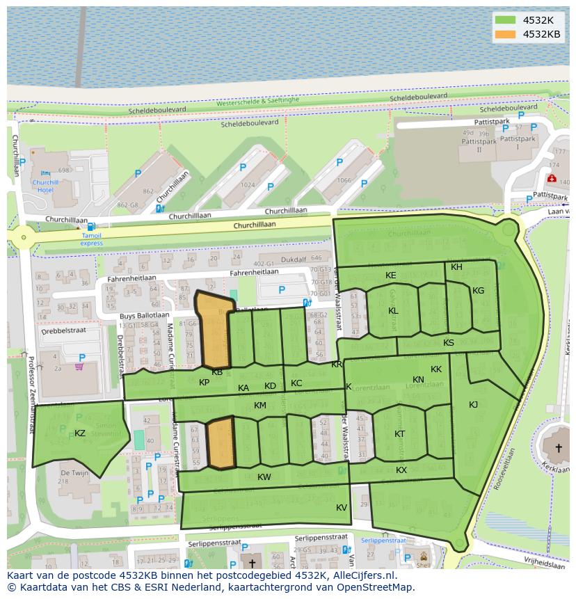 Afbeelding van het postcodegebied 4532 KB op de kaart.