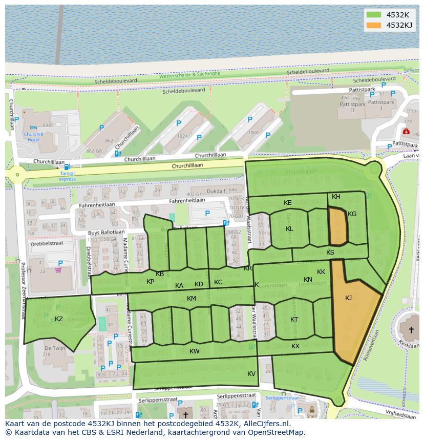 Afbeelding van het postcodegebied 4532 KJ op de kaart.