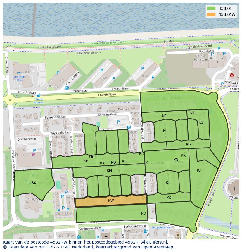 Afbeelding van het postcodegebied 4532 KW op de kaart.