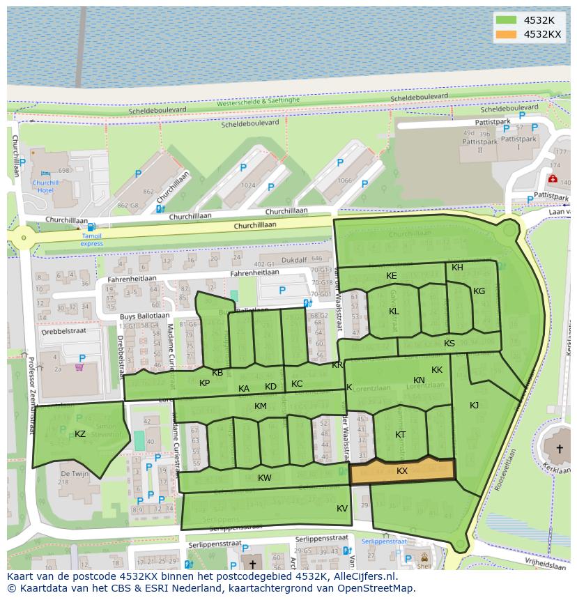 Afbeelding van het postcodegebied 4532 KX op de kaart.