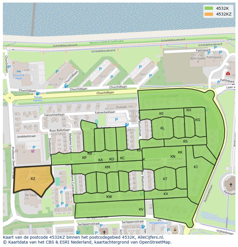 Afbeelding van het postcodegebied 4532 KZ op de kaart.