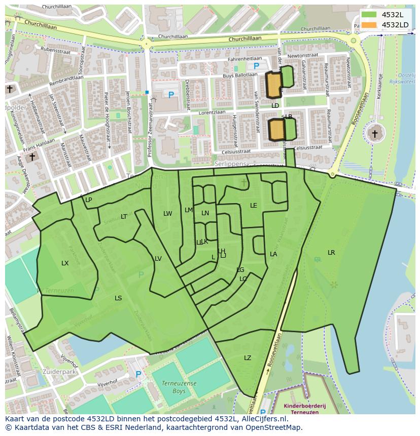 Afbeelding van het postcodegebied 4532 LD op de kaart.
