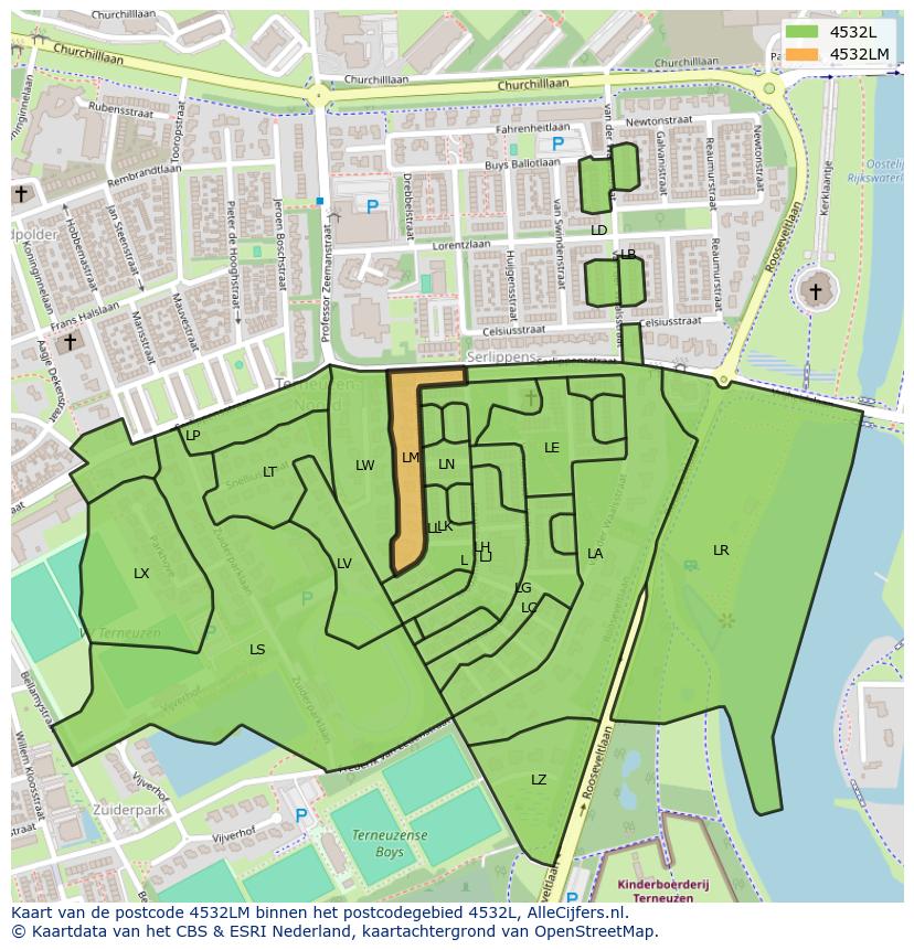 Afbeelding van het postcodegebied 4532 LM op de kaart.