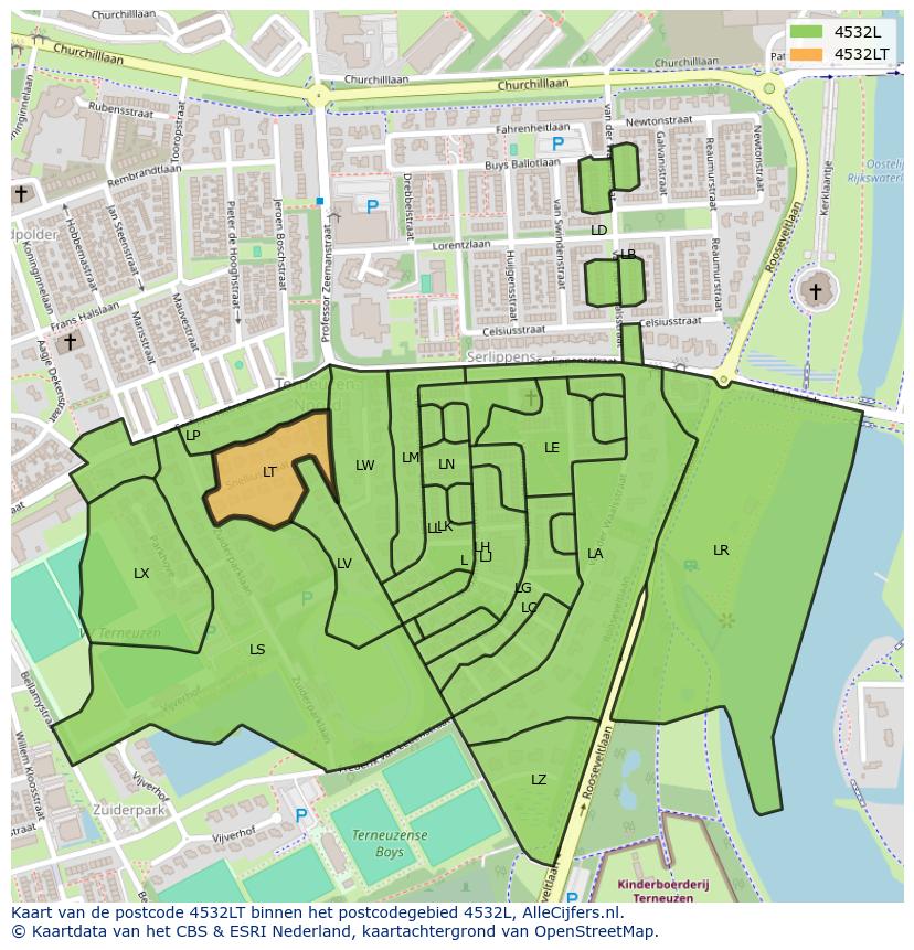 Afbeelding van het postcodegebied 4532 LT op de kaart.