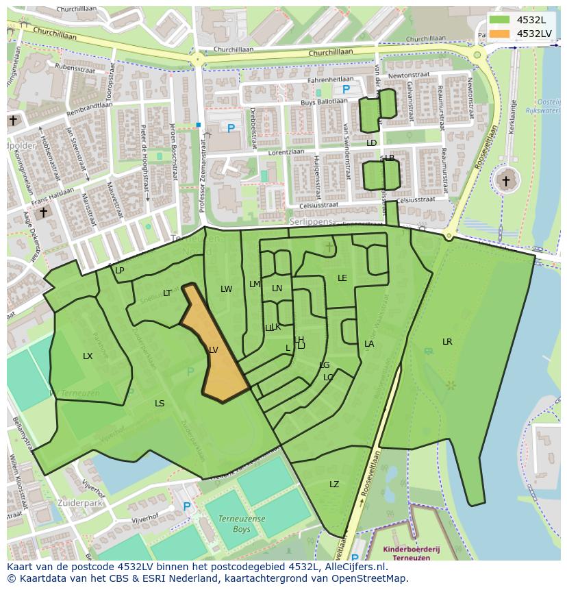 Afbeelding van het postcodegebied 4532 LV op de kaart.