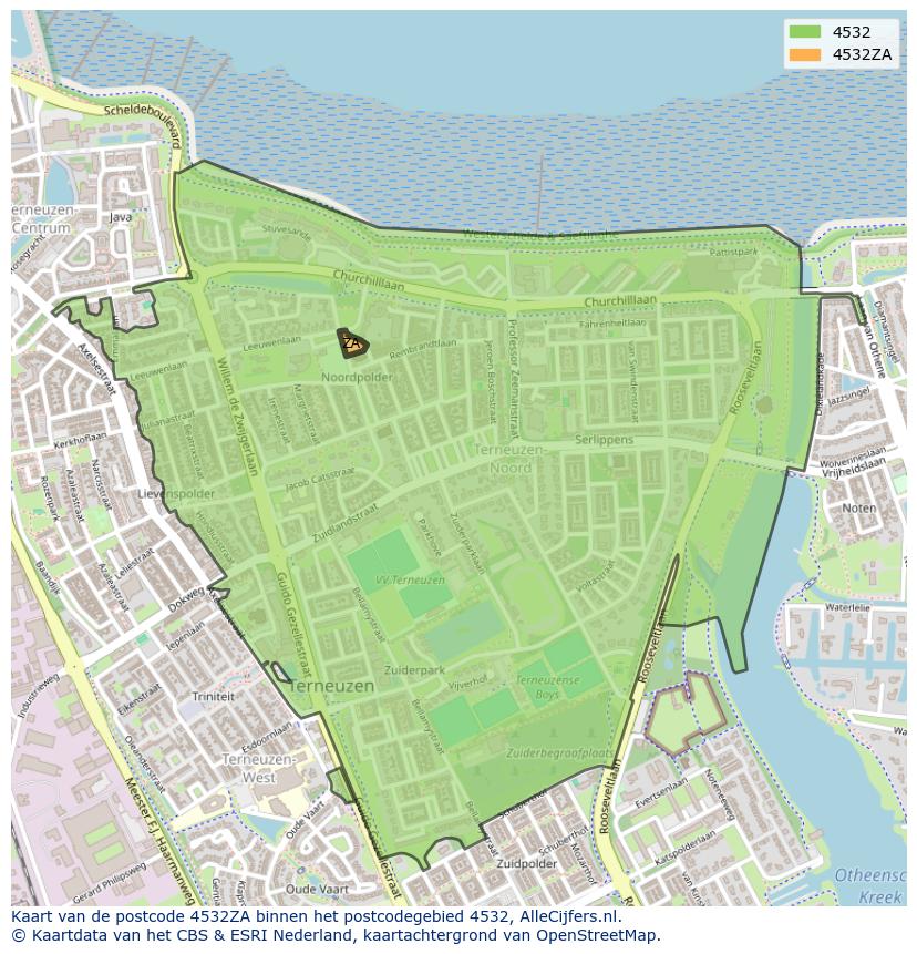 Afbeelding van het postcodegebied 4532 ZA op de kaart.