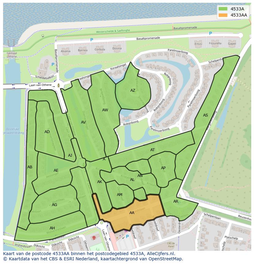 Afbeelding van het postcodegebied 4533 AA op de kaart.