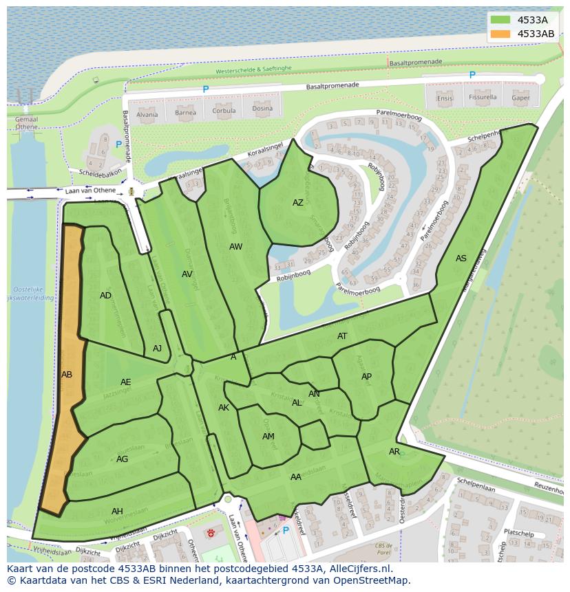 Afbeelding van het postcodegebied 4533 AB op de kaart.
