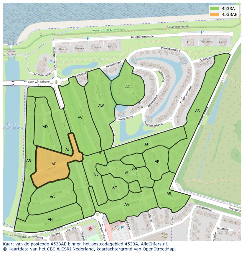 Afbeelding van het postcodegebied 4533 AE op de kaart.