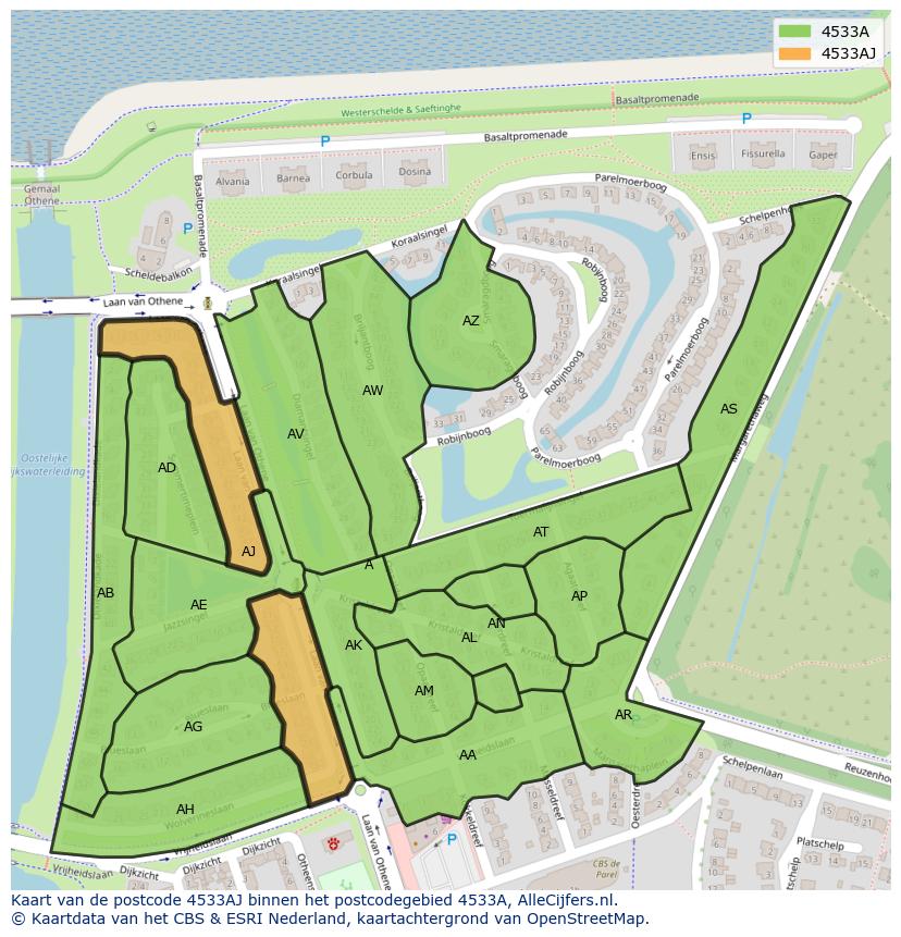 Afbeelding van het postcodegebied 4533 AJ op de kaart.