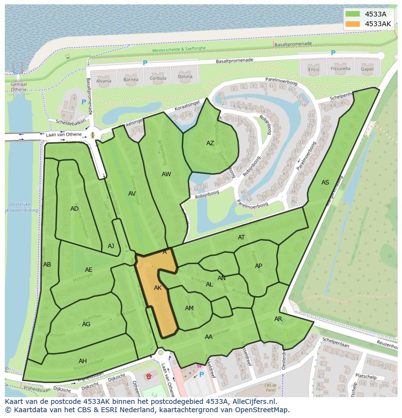 Afbeelding van het postcodegebied 4533 AK op de kaart.