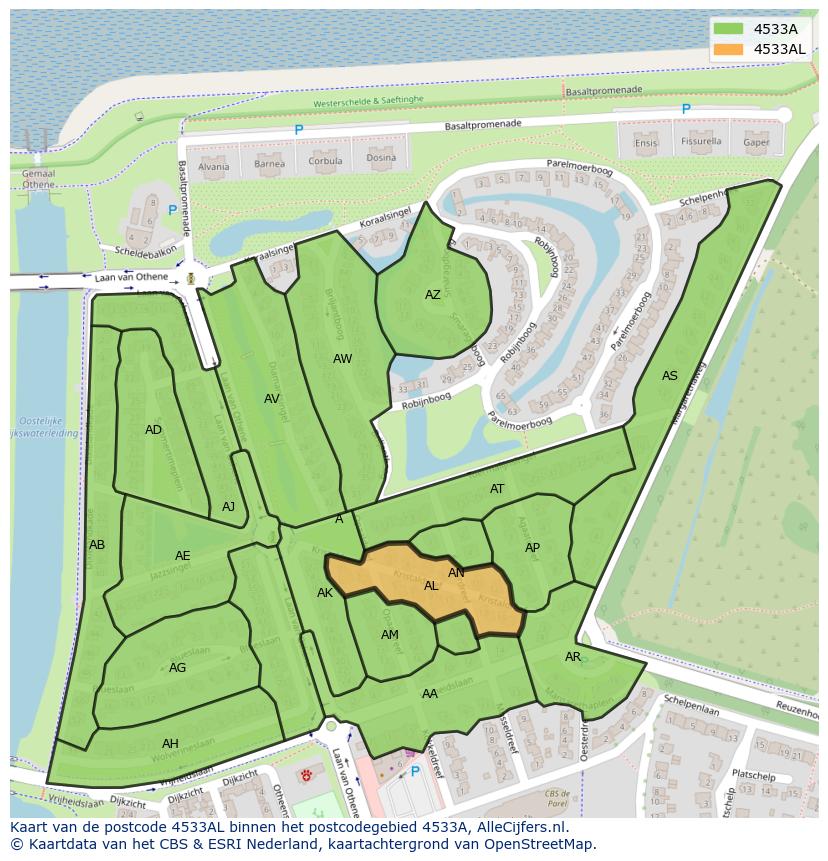 Afbeelding van het postcodegebied 4533 AL op de kaart.