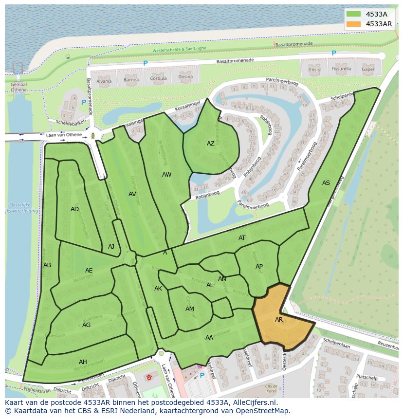 Afbeelding van het postcodegebied 4533 AR op de kaart.